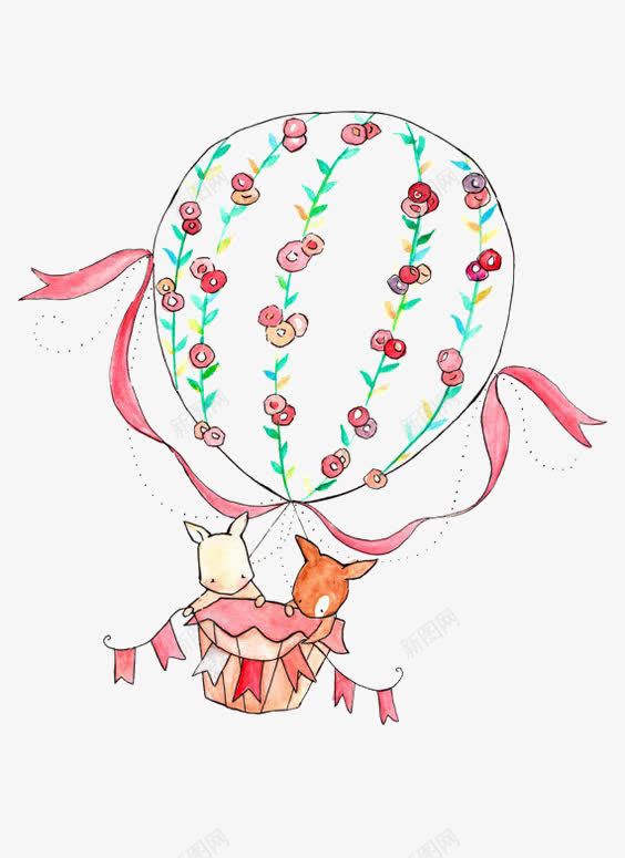 卡通热气球png免抠素材_新图网 https://ixintu.com 兔子 手绘热气球 狐狸 飞