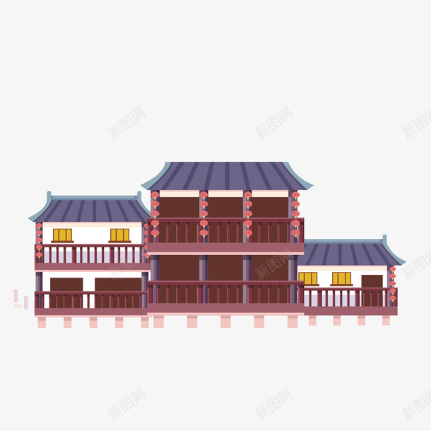 古典建筑元素png免抠素材_新图网 https://ixintu.com 创意 卡通手绘 古建筑 古建筑手绘图 居民区剪影 屋顶 房子 房屋 水彩 红灯笼 酒红色