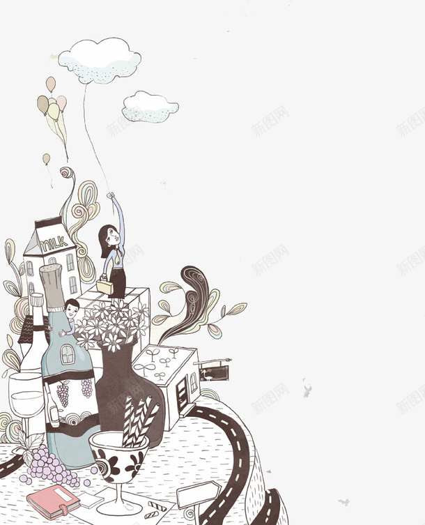 手绘放气球的女孩png免抠素材_新图网 https://ixintu.com 女孩插画 建筑 手绘女孩 手绘插画 牛奶 酒瓶 食物 餐桌 餐桌上的女孩插画