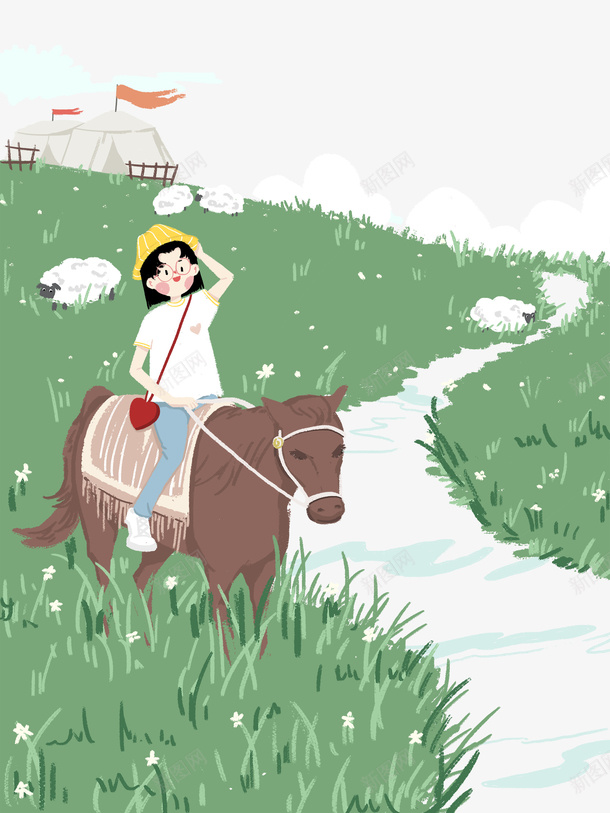 卡通手绘草原上骑马的女孩psd免抠素材_新图网 https://ixintu.com 卡通 吃草的羊 手绘 绿色的草原 草原上 草原骑马 蒙古包 骑马的女孩 骑马的蒙古少年