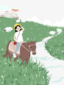 绿色少年卡通手绘草原上骑马的女孩高清图片