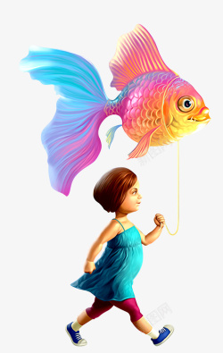 卡通手绘3D拿着金鱼气球的小女孩素材