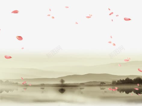 水墨山水png免抠素材_新图网 https://ixintu.com 水墨画 背景 花瓣 装饰