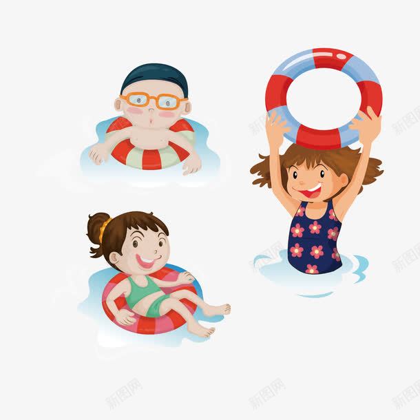 小孩玩水png免抠素材_新图网 https://ixintu.com 卡通小女孩 卡通小男孩 戏水 游泳圈 玩水