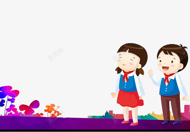 戴红领巾的孩子png免抠素材_新图网 https://ixintu.com 卡通 小学生展板 小孩 手绘 简笔 紫色的 红色的 红领巾 花草