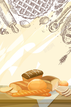 面包店宣传单手绘面包卡通矢量甜品海报背景高清图片