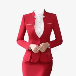 红色低领职业女西装短裙套装素材