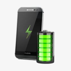 纯色移动电源正在充电的手机旁的电池高清图片