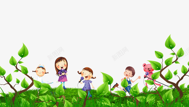 绿色卡通儿童旅行插画psd免抠素材_新图网 https://ixintu.com 儿童 唱歌 旅行 春天 树叶 海报 绿色 草地