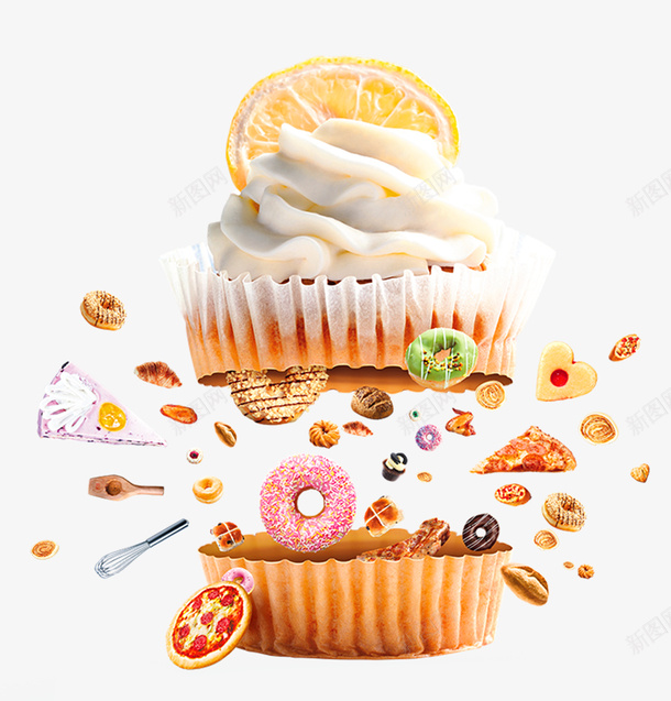 蛋糕甜甜圈png免抠素材_新图网 https://ixintu.com 一堆零食 创意 奶油蛋糕 好多吃的 果脯 橙子 甜点 甜甜圈 糕点 薯条 蛋糕 许多零食 零食 饼干
