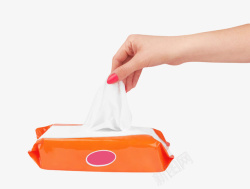 手在拿橙色包装的湿纸巾实物素材
