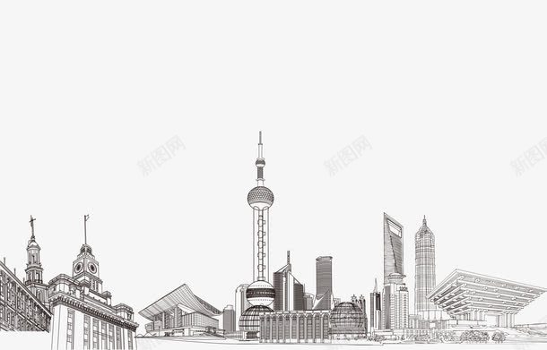 上海地貌png免抠素材_新图网 https://ixintu.com 上海 东方明珠电视塔 剪影 素描