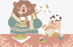 水彩熊父子吃饭的熊和女孩矢量图高清图片
