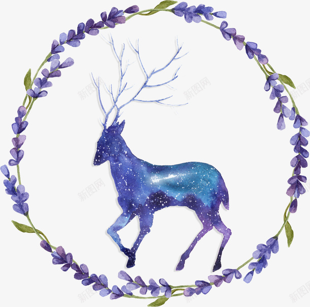 麋鹿和花环png免抠素材_新图网 https://ixintu.com 手绘 紫色 花环 鹿角 麋鹿