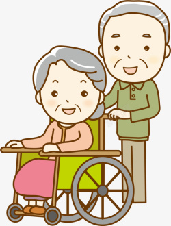 护工和坐轮椅老人插画卡通绿色爷爷奶奶高清图片