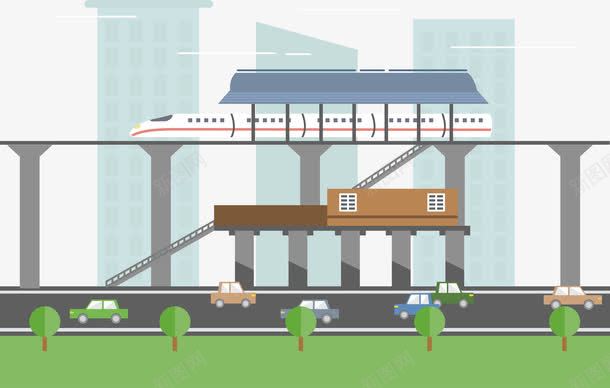 高架列车png免抠素材_新图网 https://ixintu.com Q版小火车 卡通 城市 天桥 火车站台 绿色