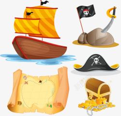 卡通海盗船素材手绘寻宝高清图片
