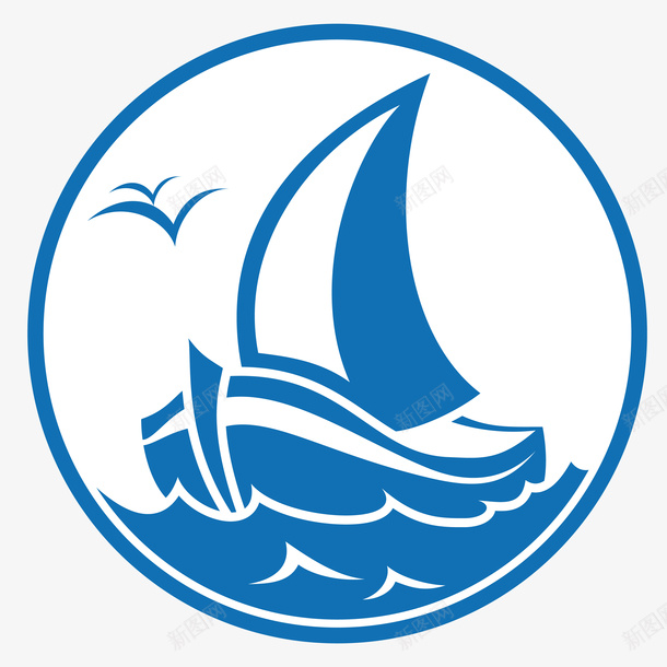 航行中的帆船图标矢量图ai_新图网 https://ixintu.com 国际航海日 帆船 海浪 海鸥 白色底色 矢量图 航帆 航海 蓝色边框