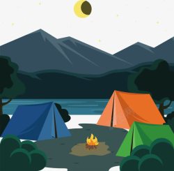 野外帐篷手绘梦幻自然湖泊露营高清图片