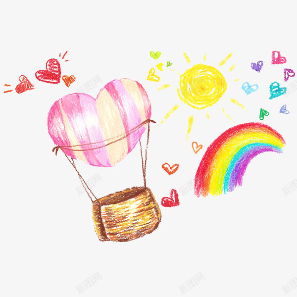 卡通爱心热气球图png免抠素材_新图网 https://ixintu.com 创意的 卡通 太阳 彩虹 水彩画 热气球 爱心 空气球