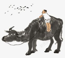 骑在牛背上的小孩水墨画高清图片
