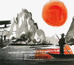 手绘渔夫PNG日本山水画矢量图高清图片