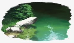 水彩石头水池边高清图片