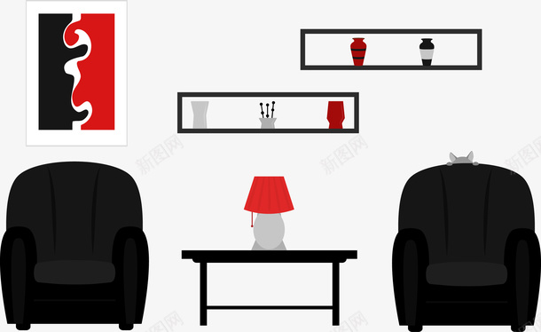 会见客人png免抠素材_新图网 https://ixintu.com 会客厅 壁柜 家居 红色台灯 黑色的沙发