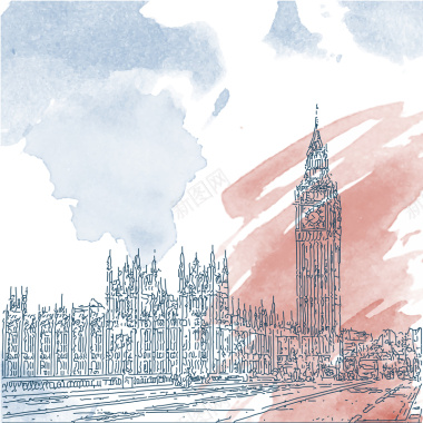 卡通水彩手绘英国建筑旅游背景背景