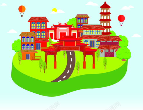 儿童风格中国城主题画册手绘背景矢量图背景