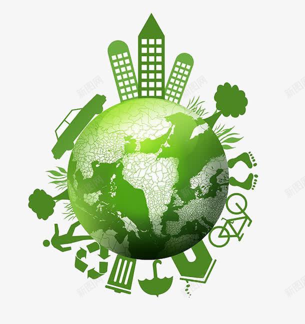 绿色地球村png免抠素材_新图网 https://ixintu.com 创意 同住地球村 垃圾桶 汽车 环保 生态 生态平衡 绿树 绿色地球村 自然 自行车 轿车