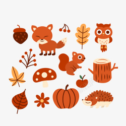 可爱秋季动物和植物矢量图素材