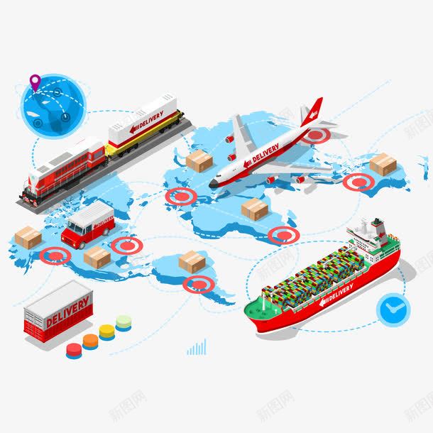 卡通运输png免抠素材_新图网 https://ixintu.com 地图 物流素材 轮船 运输 飞机