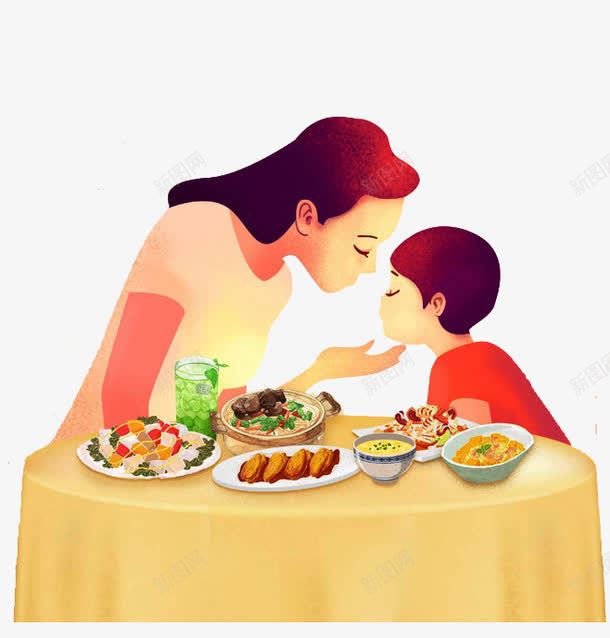 妈妈的爱png免抠素材_新图网 https://ixintu.com 丰盛饭菜 卡通男孩 母爱 美食 饭桌