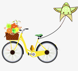 自行车户外卡通手绘春天户外踏春放风筝高清图片