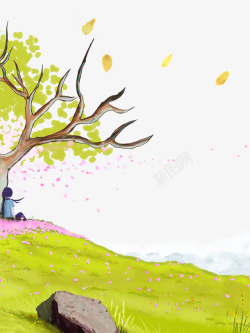 卡通春天树下坐着的女孩素材
