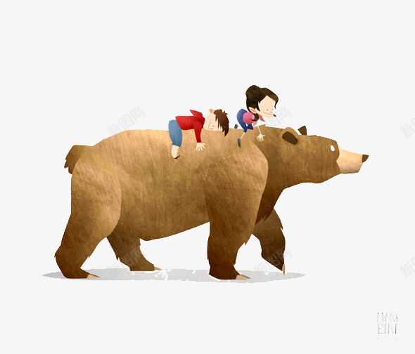 骑在熊身上的孩子psd免抠素材_新图网 https://ixintu.com 创意设计 卡片封面 手绘插画