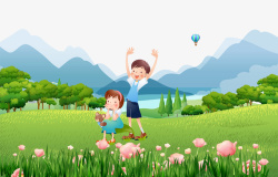 花丛免费卡通手绘春季草地上玩耍的孩高清图片