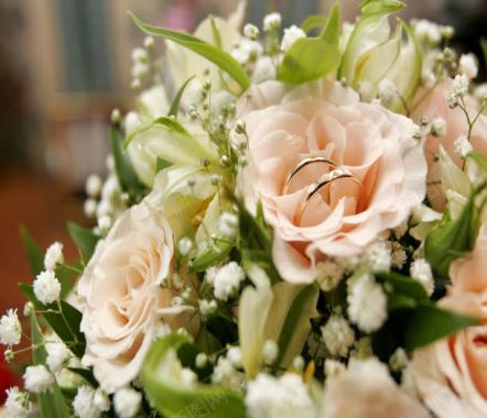 玫瑰花花瓶结婚戒指与鲜花摄影图片