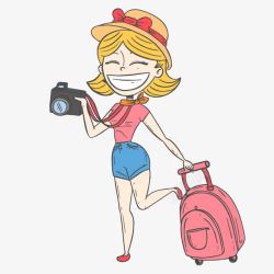 度假旅行箱子卡通旅行者拍照的美少女矢量图高清图片