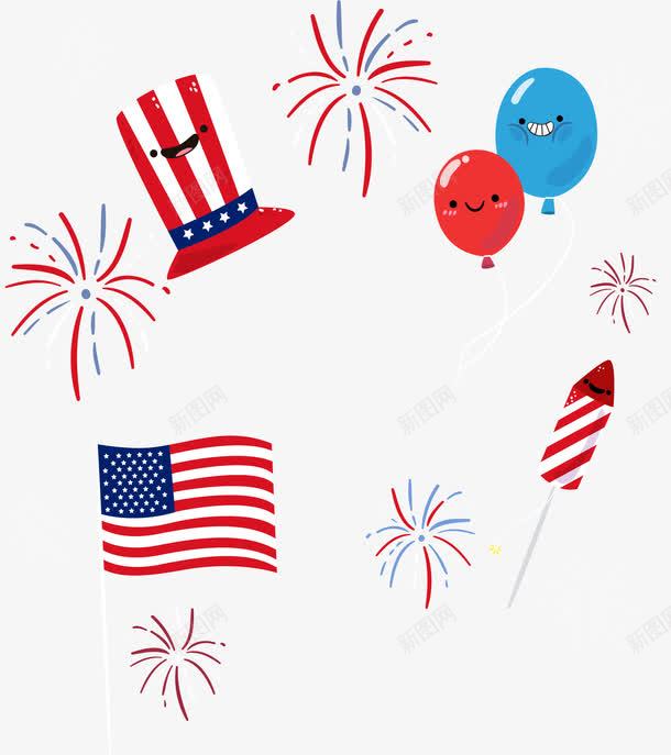 狂欢的美国庆典png免抠素材_新图网 https://ixintu.com 卡通气球 星条旗 烟花 美国国旗 节日庆典