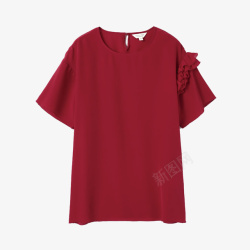 衬衫领深红色圆领短袖真丝衬衫高清图片