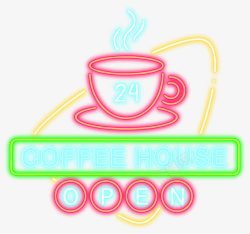 咖啡发光霓虹灯标牌24小时营业高清图片