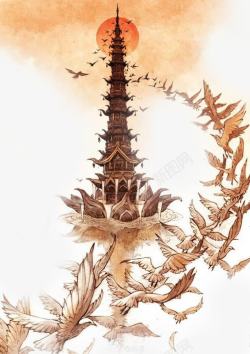 塔楼设计古风塔楼夕阳飞鸟图高清图片