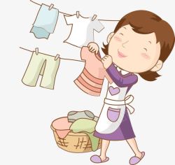 手绘洗衣服晾衣服的女人高清图片