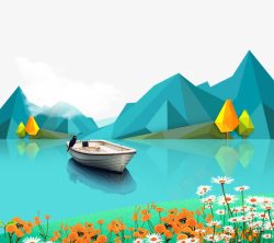 卡通手绘春季蓝色湖里的船素材