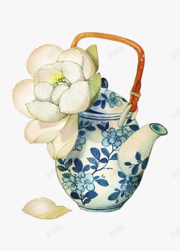手绘青花瓷水彩茶壶png免抠素材_新图网 https://ixintu.com PNG 手绘 茶壶 荷花 青花瓷