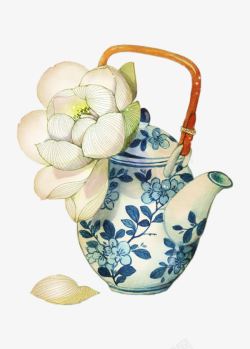 青花瓷茶壶手绘青花瓷水彩茶壶高清图片