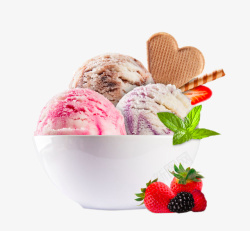 创意牛奶中的冰淇淋球瓷碗中的冰淇淋球高清图片
