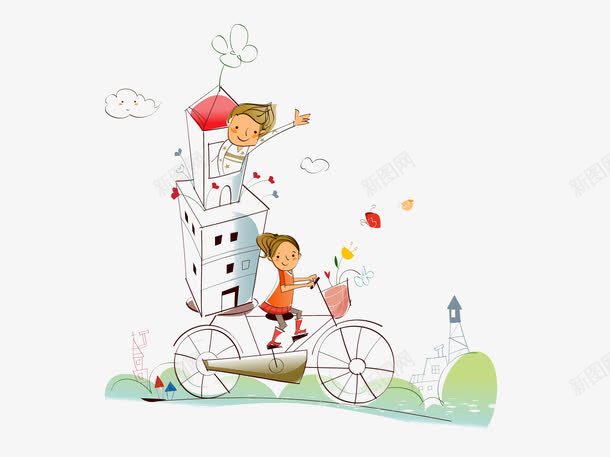 手绘孩子png免抠素材_新图网 https://ixintu.com 卡通 可爱 女孩 孩子 小孩子 小朋友 房子 手绘 男孩 线条 自行车 骑自行车